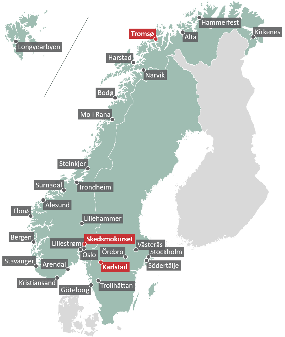Kart over Constos kontorsteder i Norge og Sverige, med hovedkontorer i Tromsø, Skedsmokorset og Karlstad