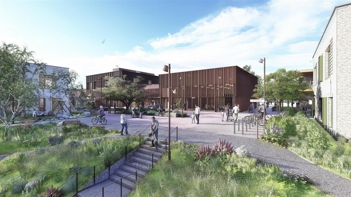 Illustrasjon av Solsiden bo- og aktivitetssenter med grønt uteområde